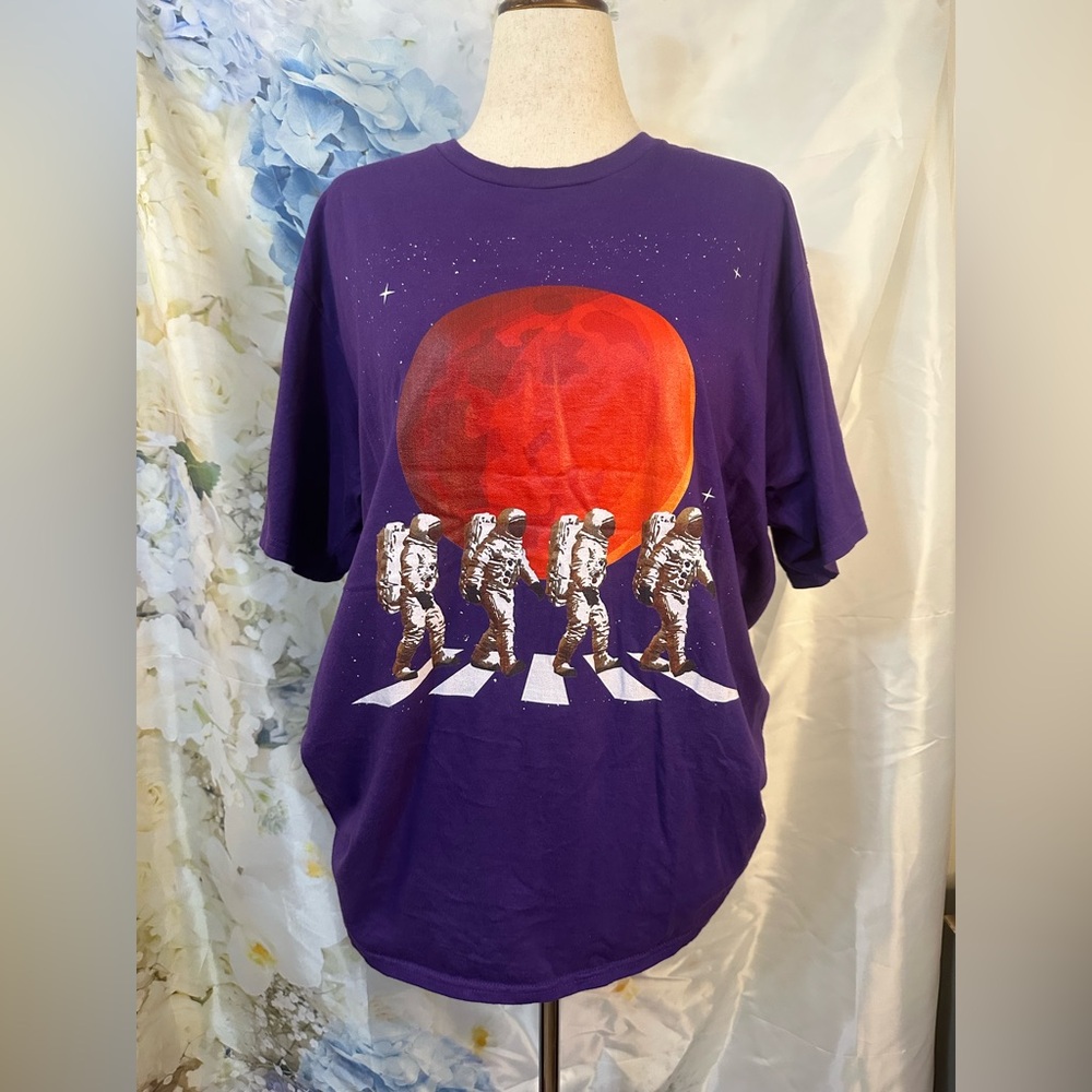 Purple Graphic T-Shirt Astronaut Full Moon Cross Walk.